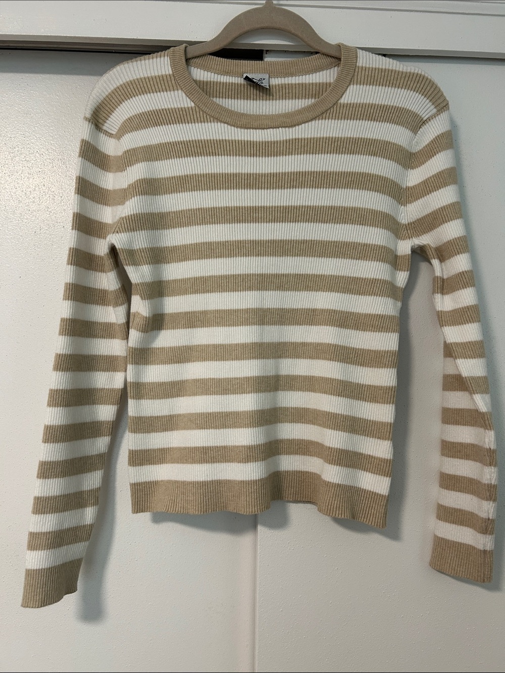 Cielo Striped Crewneck Sweater in White and Beige